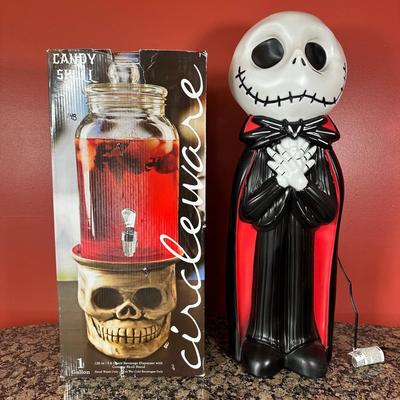 LOT 81C: Jack Skellington Light Up Yard Decor & Candy Skull Beverage Dispenser