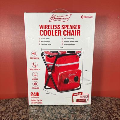 LOT 106C: Camping Lot! Budweiser Wireless Speaker Cooler Chair in Box, Picnic Basket, Military Compass & More