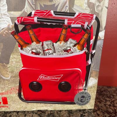 LOT 106C: Camping Lot! Budweiser Wireless Speaker Cooler Chair in Box, Picnic Basket, Military Compass & More