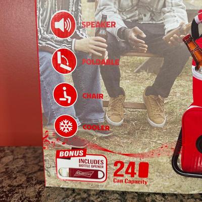 LOT 106C: Camping Lot! Budweiser Wireless Speaker Cooler Chair in Box, Picnic Basket, Military Compass & More