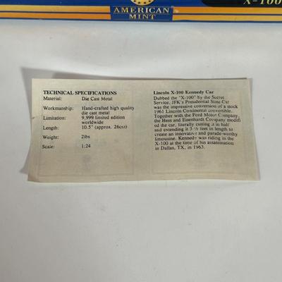 LOT 111C: American Mint Die Cast 1961 Lincoln x 100 Kennedy Car in Box