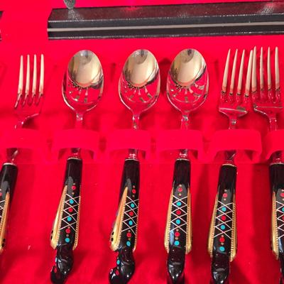 LOT 143B : MID CENTURY MIDDLE EASTERN LEBANESE CARVED PHOENIX BIRD CUTLERY SET & Mother of pearl fondue skewers l