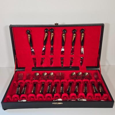 LOT 143B : MID CENTURY MIDDLE EASTERN LEBANESE CARVED PHOENIX BIRD CUTLERY SET & Mother of pearl fondue skewers l