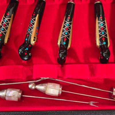 LOT 143B : MID CENTURY MIDDLE EASTERN LEBANESE CARVED PHOENIX BIRD CUTLERY SET & Mother of pearl fondue skewers l