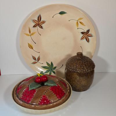 LOT 144B: Fall Leaves Serving Platter, Acorn Cookie Jar, and Cherry Pie Baking Dish