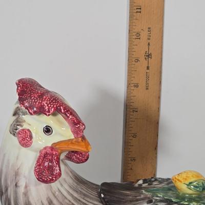 LOT 146B: Rooster Soup Tureen Made in Italy, Cookie Jar, Serving Dishes, Gravy Boat, and Three Small Sitting Hens
