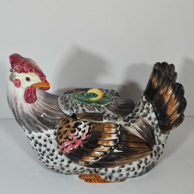LOT 146B: Rooster Soup Tureen Made in Italy, Cookie Jar, Serving Dishes, Gravy Boat, and Three Small Sitting Hens