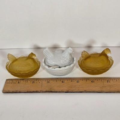 LOT 146B: Rooster Soup Tureen Made in Italy, Cookie Jar, Serving Dishes, Gravy Boat, and Three Small Sitting Hens