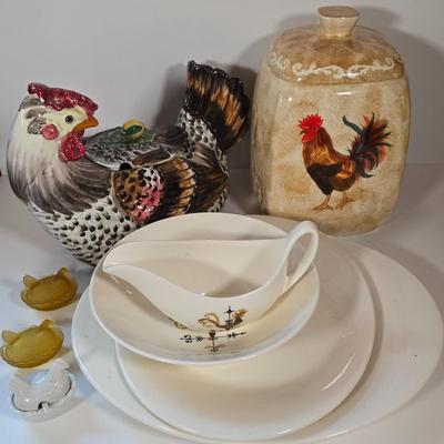 LOT 146B: Rooster Soup Tureen Made in Italy, Cookie Jar, Serving Dishes, Gravy Boat, and Three Small Sitting Hens