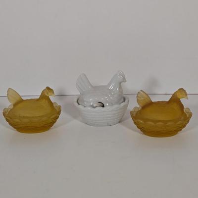 LOT 146B: Rooster Soup Tureen Made in Italy, Cookie Jar, Serving Dishes, Gravy Boat, and Three Small Sitting Hens
