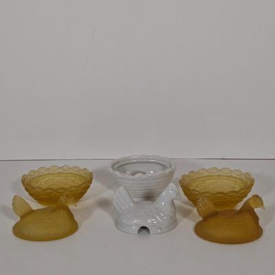 LOT 146B: Rooster Soup Tureen Made in Italy, Cookie Jar, Serving Dishes, Gravy Boat, and Three Small Sitting Hens
