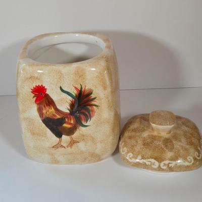 LOT 146B: Rooster Soup Tureen Made in Italy, Cookie Jar, Serving Dishes, Gravy Boat, and Three Small Sitting Hens
