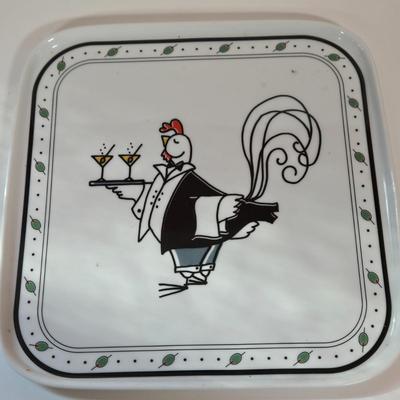 LOT 147B: Retro Plastic Tray , Four Square Cocktails Platters Made in Poland, and Three Round Arlington Design Dishes