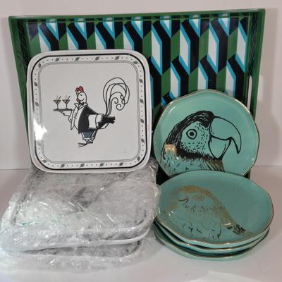 LOT 147B: Retro Plastic Tray , Four Square Cocktails Platters Made in Poland, and Three Round Arlington Design Dishes
