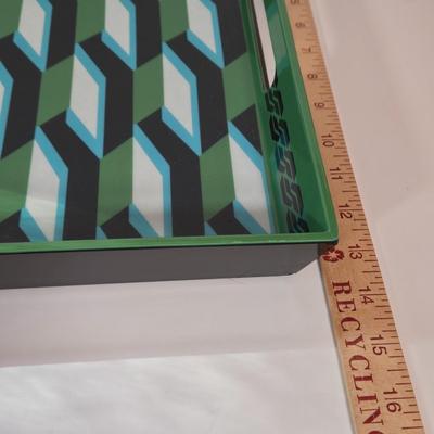 LOT 147B: Retro Plastic Tray , Four Square Cocktails Platters Made in Poland, and Three Round Arlington Design Dishes