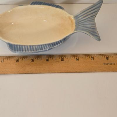 LOT 168B: Six Various Fish Plates Made in Israel, Seven Small Fish Baking Dishes Made in Portugal, Department 56 Fish Pitcher, and Set of...