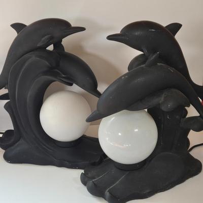 LOT 170B: Two Vintage Dolphin Moon Table Lamps- Black & White-They Work!