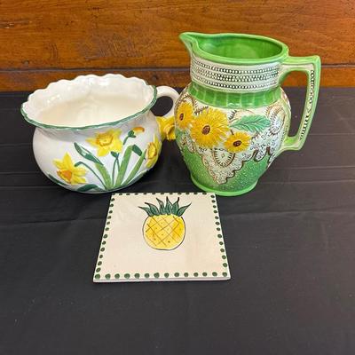 Vintage Ceramic Sunflower Pitcher, Flower Bowl Pot & Pineapple Tile