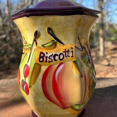 Lot of Vintage Stone Fruit with Tin Bowl and Fruit Themed Biscotti Container