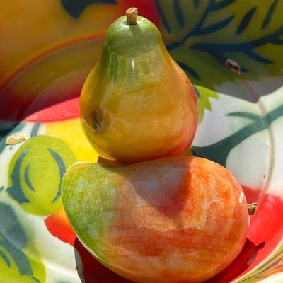 Lot of Vintage Stone Fruit with Tin Bowl and Fruit Themed Biscotti Container