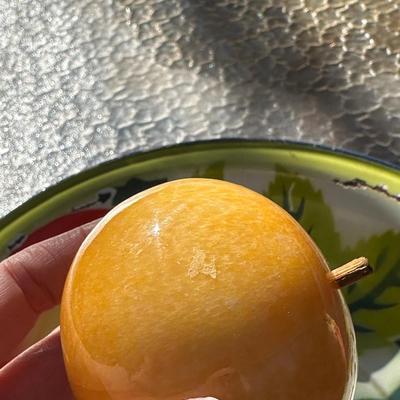 Lot of Vintage Stone Fruit with Tin Bowl and Fruit Themed Biscotti Container
