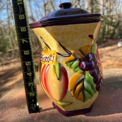Lot of Vintage Stone Fruit with Tin Bowl and Fruit Themed Biscotti Container