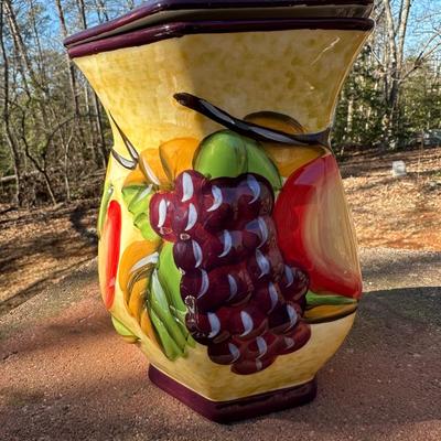 Lot of Vintage Stone Fruit with Tin Bowl and Fruit Themed Biscotti Container