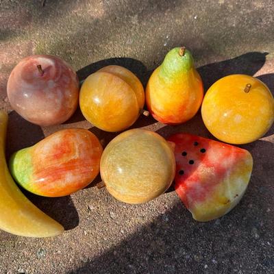 Lot of Vintage Stone Fruit with Tin Bowl and Fruit Themed Biscotti Container