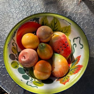 Lot of Vintage Stone Fruit with Tin Bowl and Fruit Themed Biscotti Container