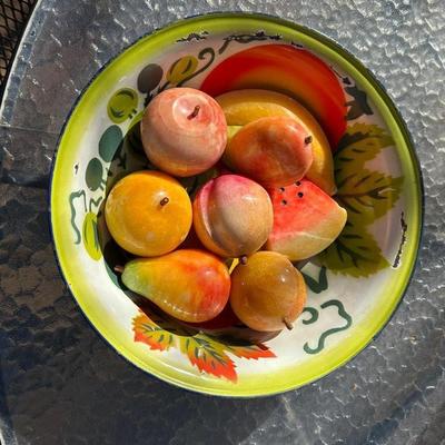 Lot of Vintage Stone Fruit with Tin Bowl and Fruit Themed Biscotti Container