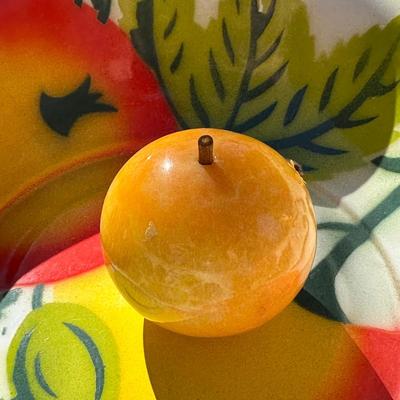 Lot of Vintage Stone Fruit with Tin Bowl and Fruit Themed Biscotti Container