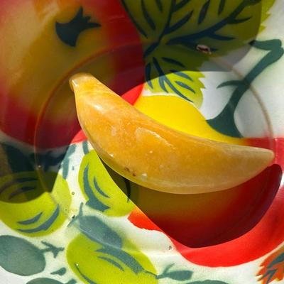Lot of Vintage Stone Fruit with Tin Bowl and Fruit Themed Biscotti Container