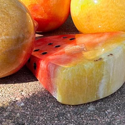 Lot of Vintage Stone Fruit with Tin Bowl and Fruit Themed Biscotti Container