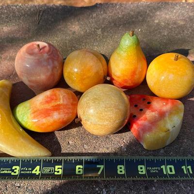 Lot of Vintage Stone Fruit with Tin Bowl and Fruit Themed Biscotti Container