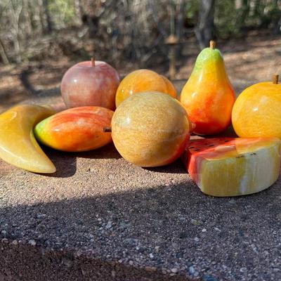 Lot of Vintage Stone Fruit with Tin Bowl and Fruit Themed Biscotti Container