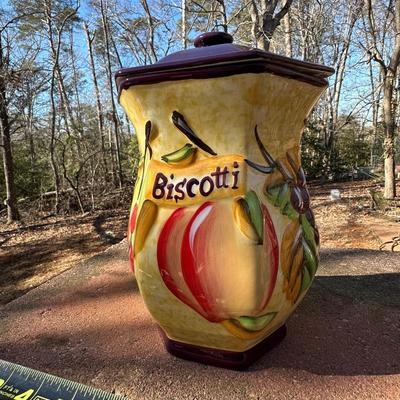Lot of Vintage Stone Fruit with Tin Bowl and Fruit Themed Biscotti Container