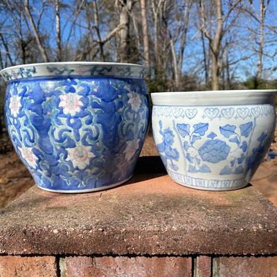 Two Porcelain Planters and a Stand