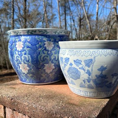 Two Porcelain Planters and a Stand