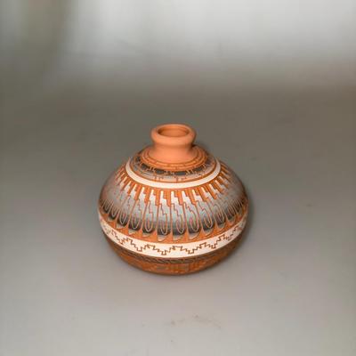 Native American Pottery Bowl Navajo Bud Vase Hand Etched Hand Painted - Signed
