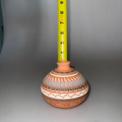 Native American Pottery Bowl Navajo Bud Vase Hand Etched Hand Painted - Signed