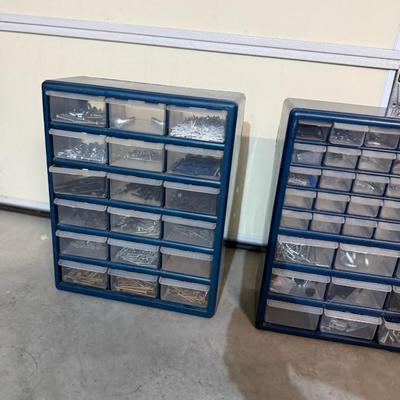 Plastic Storage Drawers – 42 Compartment Organizer (lot of 2) w/ items inside