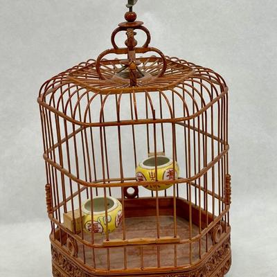 Vintage Bird Cage with 2 ceramic bowl feeders