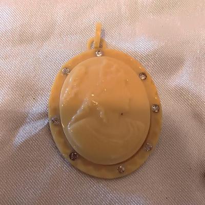 CELLULOID VANITY CONTAINER, BROOCH AND PENDANT PLUS SOME VINTAGE JEWELRY
