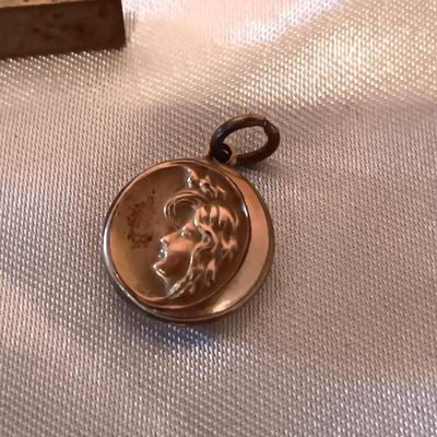 CELLULOID VANITY CONTAINER, BROOCH AND PENDANT PLUS SOME VINTAGE JEWELRY