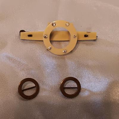 CELLULOID VANITY CONTAINER, BROOCH AND PENDANT PLUS SOME VINTAGE JEWELRY