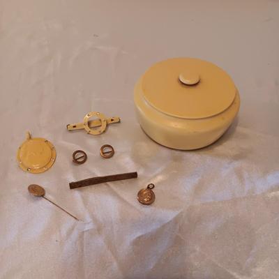 CELLULOID VANITY CONTAINER, BROOCH AND PENDANT PLUS SOME VINTAGE JEWELRY