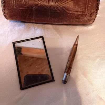 ANTIQUE TOOLED LEATHER PURSE, PENCIL AND MIRROR