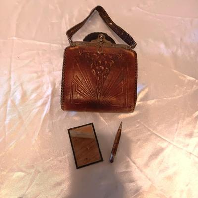 ANTIQUE TOOLED LEATHER PURSE, PENCIL AND MIRROR