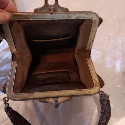 ANTIQUE TOOLED LEATHER PURSE, PENCIL AND MIRROR