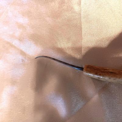 GUN METAL STRAIGHT EDGE RAZOR, ANTLER HANDLED PICK AND ?
